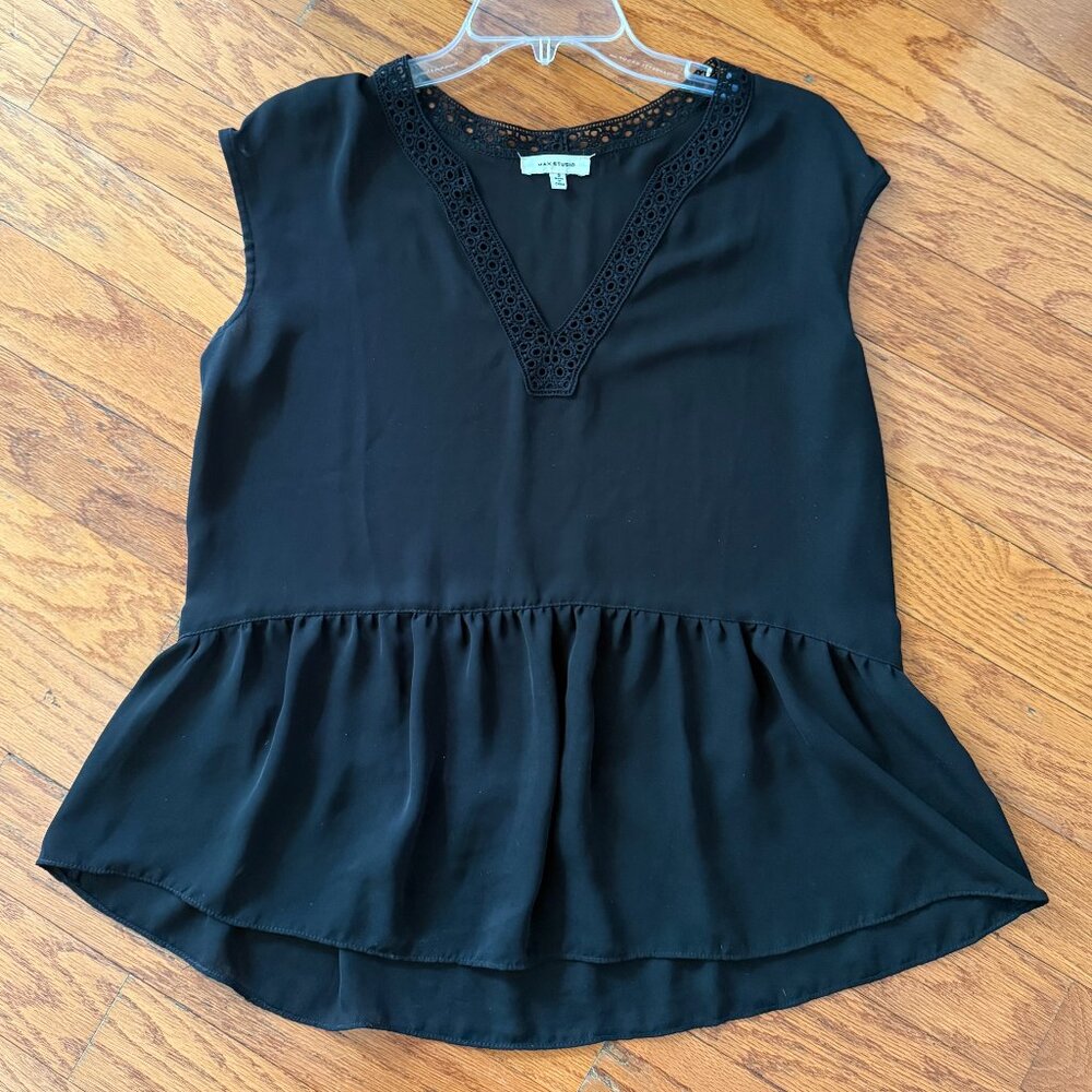 Max Studio Swing Babydoll Top V Neck Eyelet Trim Women's Small Boho Casual Beach